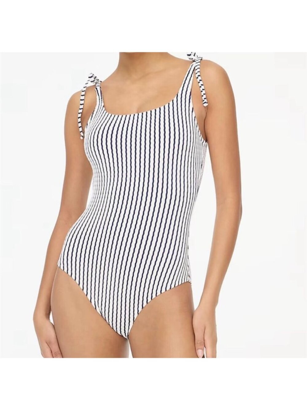 NWT J. Crew Navy/White Striped Ribbed Tie-Shoulder One Piece Swimsuit Small